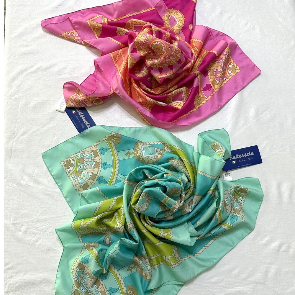 NWT Fattorseta Italy Satin Scarf Set 2 Pink Teal Nautical Equestrian Preppy Chic